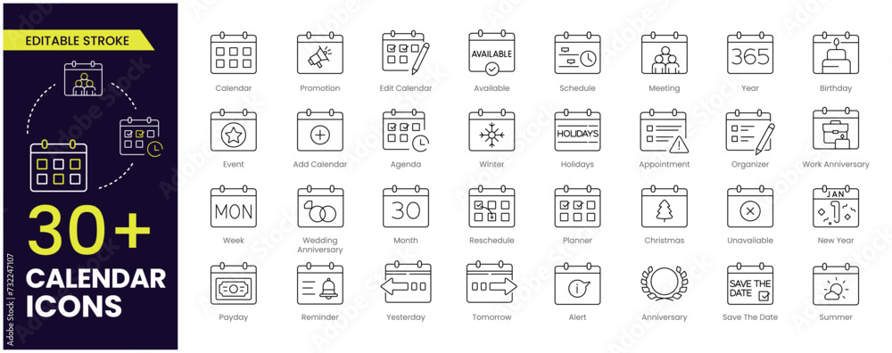 Calendar Stroke icon set. Containing date, schedule, month, week, appointment, agenda, organization and event icons. Editable Stroke icon collection. Vector illustration.