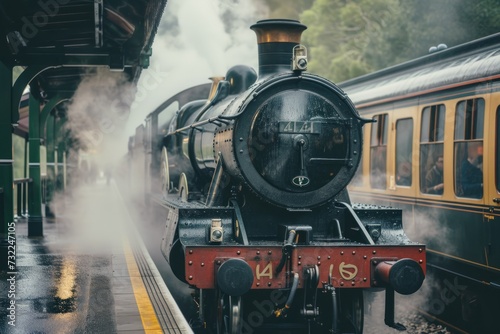 A steam train stationed at a platform