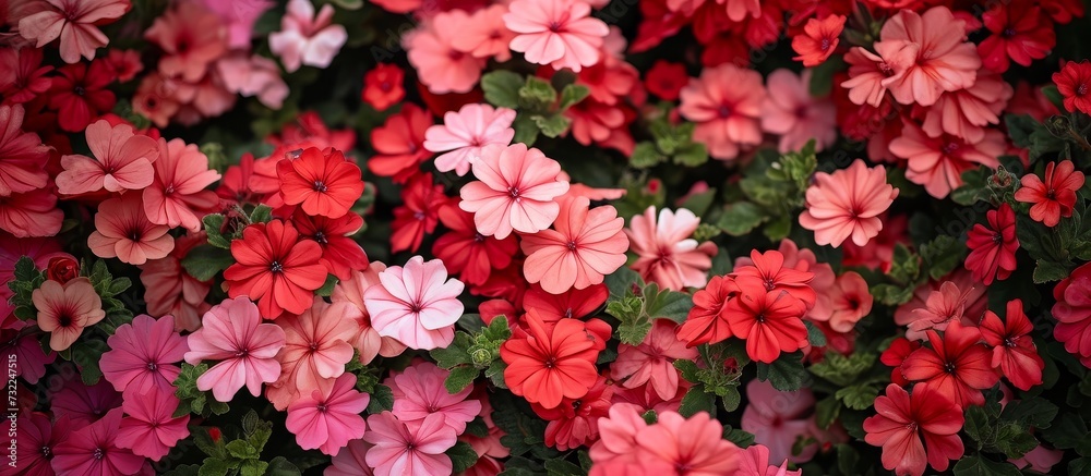 A beautiful garden consists of various flowering plants including red and pink flowers. The vibrant colors of the petals create an attractive floral design. A beautiful garden consists of various flowering plants including red and pink flowers. The vibrant colors of the petals create an attractive floral design.
