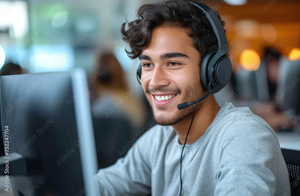 Smiling male customer service representative with headset working in modern office. Smiling male customer service representative with headset working in modern office.