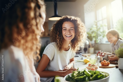 Women laughing while preparing healthy meal