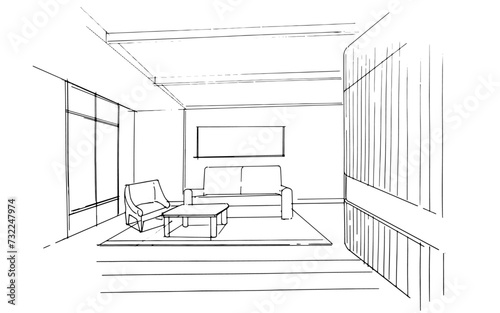 Interior design sketch of a modern home living room. , Graphic assembly in architecture and interior design work. ,Sketch ideas for interior or exterior designs.