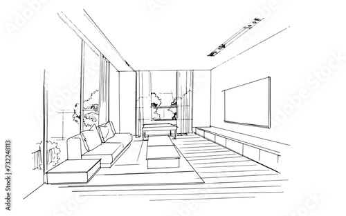 Interior design sketch of a modern home living room.. , Graphic assembly in architecture and interior design work. ,Sketch ideas for interior or exterior designs.