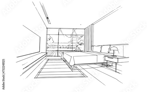 Bedroom interior design sketch. , Graphic assembly in architecture and interior design work. ,Sketch ideas for interior or exterior designs.