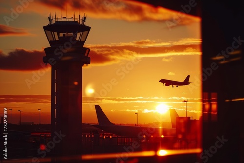 A silhouette of an airport captured at sunset