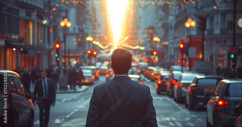 Man in suit walking towards sunset on busy city street with cars and urban lights. - obrazy, fototapety, plakaty 