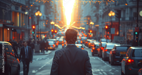 Man in suit walking towards sunset on busy city street with cars and urban lights. photo