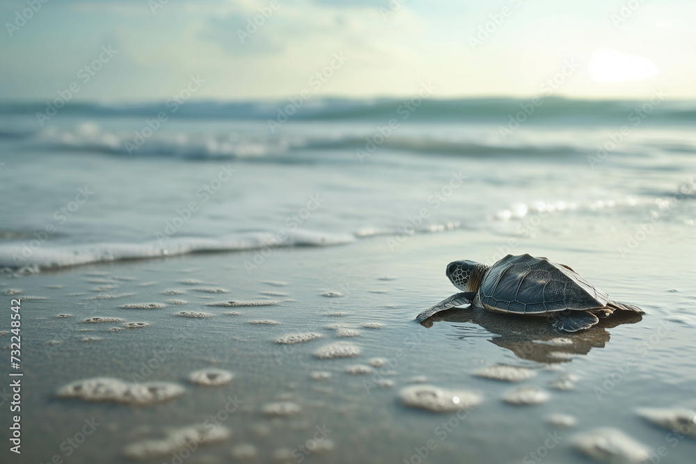 Baby turtles have hatched from eggs and are walking into the sea on their new adventures in life.