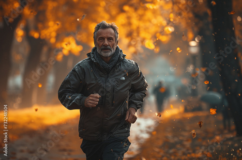 Man jogging in autumn park with golden leaves and soft-focus background.