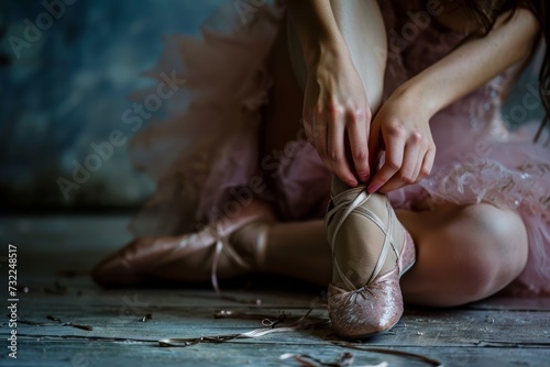 A ballerina tying her shoes photo