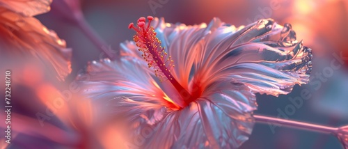 a torchlit dreamscape with the silver shadow of hibiscus, each petal capturing the ethereal beauty in macro close-up.. photo