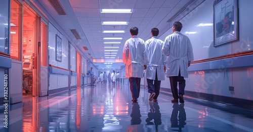 Three healthcare professionals walking down a hospital corridor  illuminated by overhead lights  conveying a sense of teamwork and urgency.