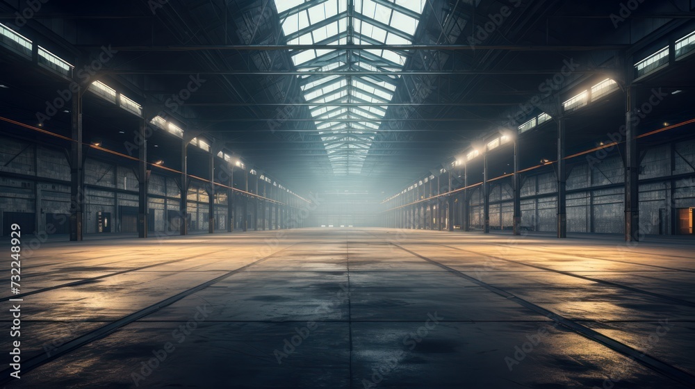 The interior of a large modern empty industrial warehouse.