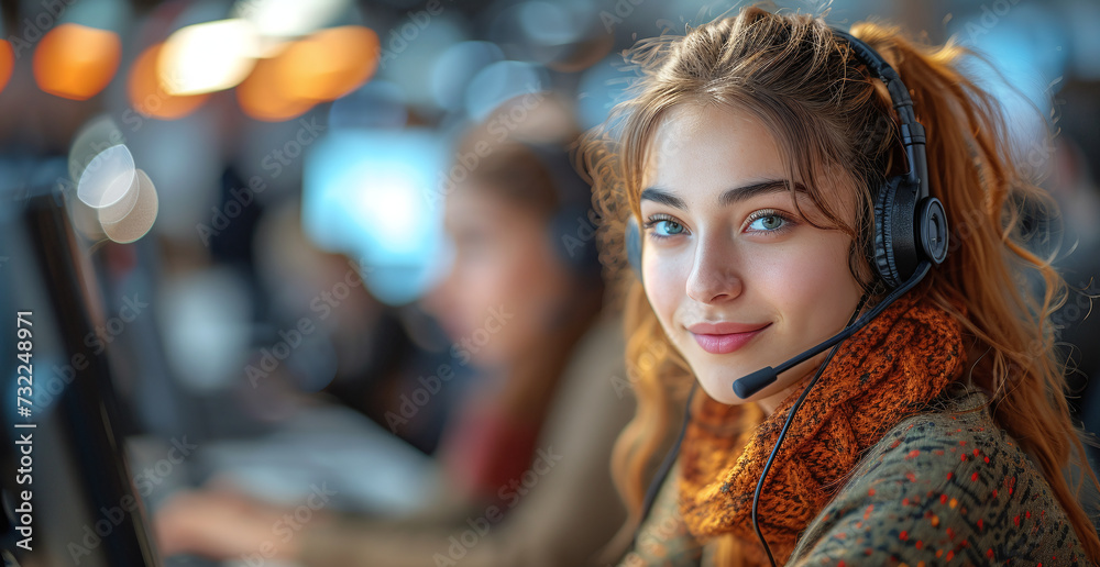 Smiling female customer support operator with headset working in a call center.