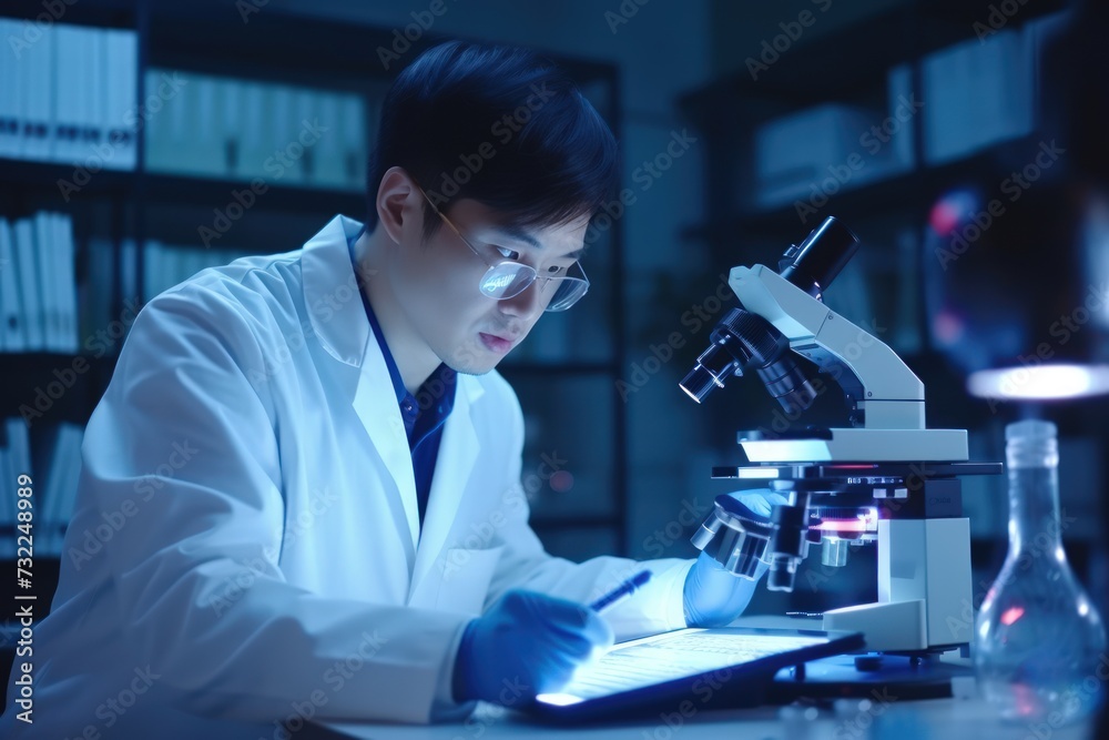 A male scientist closely observing samples under a microscope in the laboratory.