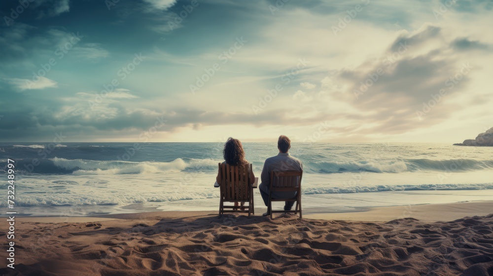 Fototapeta premium A man and a woman are sitting on the beach, overlooking the sea.