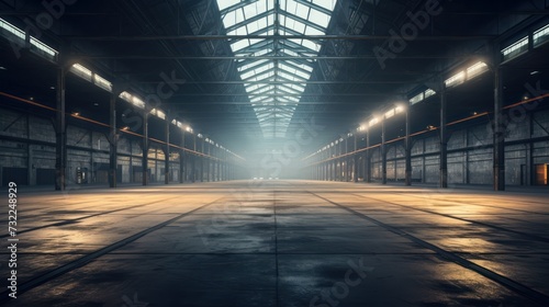 The interior of a large modern empty industrial warehouse. © crazyass