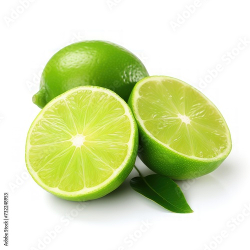 Green lime cut in half with slices on a white background