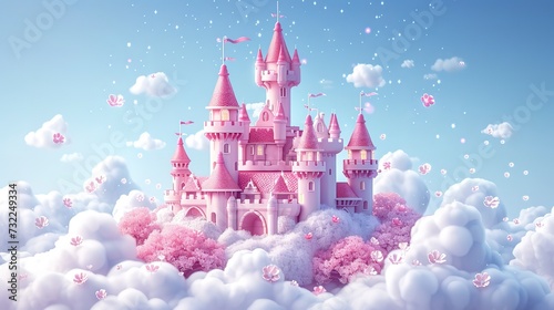 Princess Castle. Magic Pink Castle in the clouds. Fantasy world. Fairytale landscape. Cartoon Castle in the blue sky. Pink clouds. Flowers. Kingdom. Magic tower. Fairy city. Illustration for children  © Thanthara