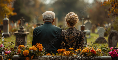 Elderly couple sitting together in a cemetery surrounded by flowers, conveying a sense of loss, remembrance, or lifelong companionship.