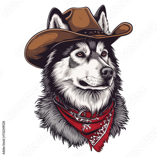 Alaskan Malamute dog Head wearing wearing cowboy hat and bandana around neck