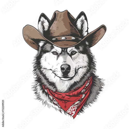 Alaskan Malamute dog Head wearing wearing cowboy hat and bandana around neck