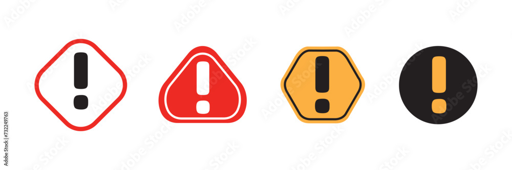 Attention icon set. Flat design with danger symbol. Attention sign with exclamation mark icon. Red black and yellow hazard sign. Vector illustration Attention icon set. Flat design with danger symbol. Attention sign with exclamation mark icon. Red black and yellow hazard sign. Vector illustration