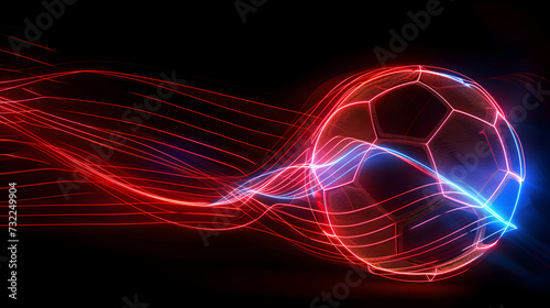 Striking neon outline of a soccer ball with intertwining red and blue trails isolated on black background. Created with generative AI.