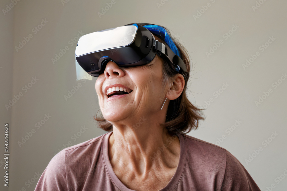 Senior play virtual reality glasses headset playing video game and have fun together Senior play virtual reality glasses headset playing video game and have fun together