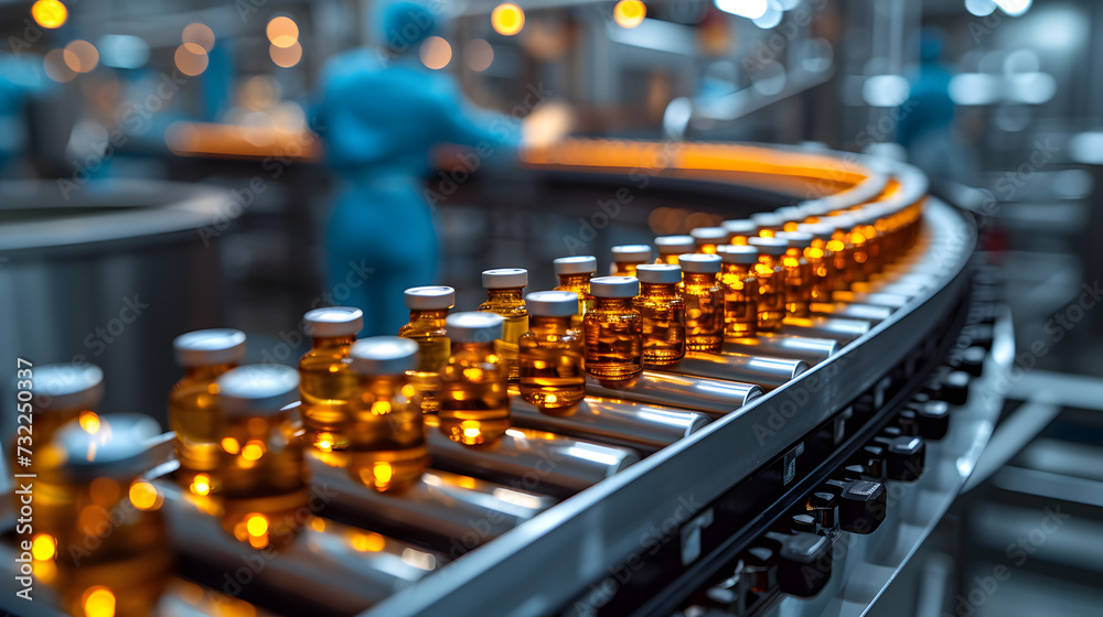 Fototapeta premium Glass Bottle Filling at Production Line