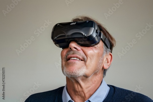 Senior play virtual reality glasses headset playing video game and have fun together © Leone Studio
