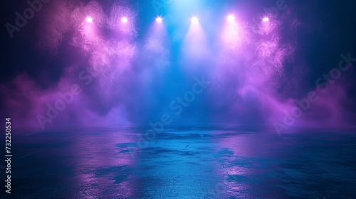 stage shows a blue and purple background an empty dark scene laser beams neon spotlights reflecting on the asphalt floor studio room with smoke floating up a night view of the street