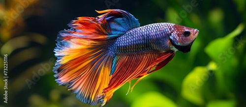 In an underwater event, an electric blue betta fish with vibrant fins and tail is gracefully swimming in an aquarium.