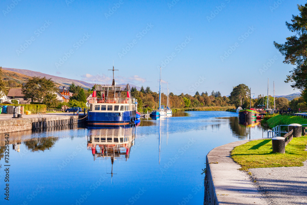 Caledonian Canal - Boats in the canal basin at the top of Neptune's Staircase, Great Glen, Highland, Scotland, UK
