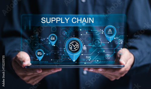 Logistic and transport concept. Businessman showing virtual supply chain icon, Logistic management, organizing and controlling resources to meet the needs of customers. photo