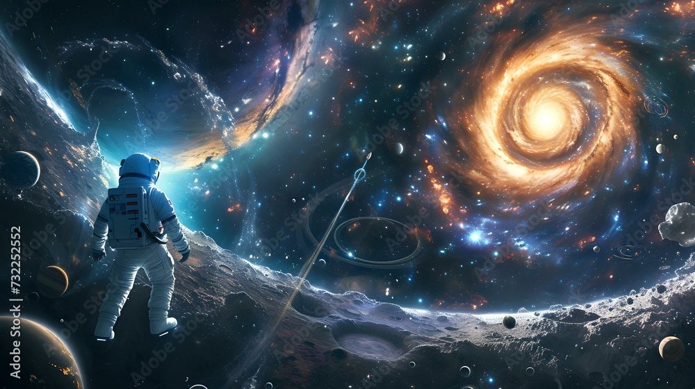 Astronaut gazing at a spiral galaxy, vivid cosmic sci-fi illustration. surreal space exploration. digital art style. stock image. AI