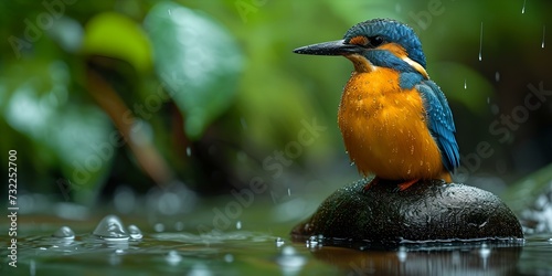 Vibrant kingfisher perched on a rock amidst raindrops in a lush green setting. nature photography, perfect for visual media. AI