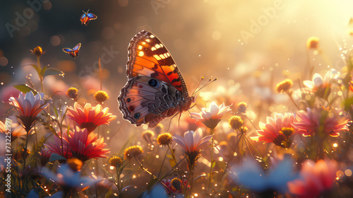 Sunlight filtering through the wings of a butterfly perched on a flower