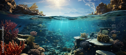 Tropical Seabed View With Beautiful Coral Reefs And Blue Sunlight © GoDress