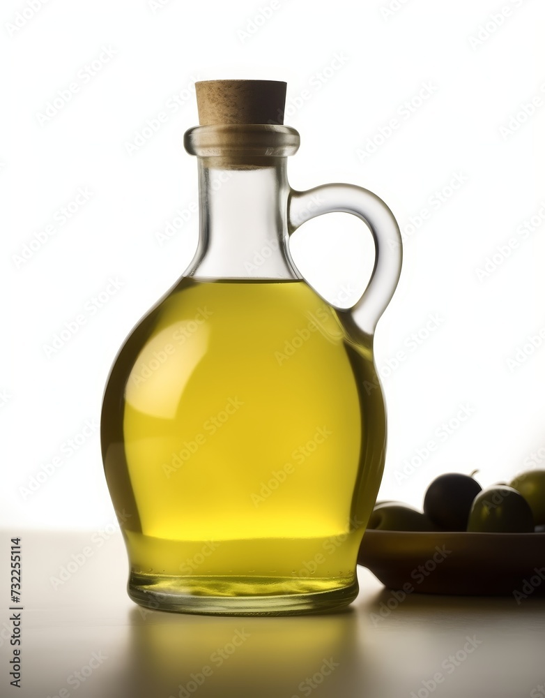A bottle of olive oil on a white background