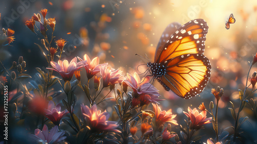 Sunlight filtering through the wings of a butterfly perched on a flower