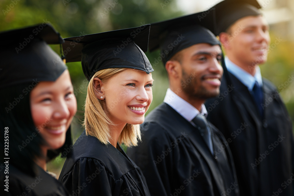 Graduation, face and woman student in row with friends for university or college ceremony outdoor. Education, scholarship and success with happy young person on campus for achievement or celebration Graduation, face and woman student in row with friends for university or college ceremony outdoor. Education, scholarship and success with happy young person on campus for achievement or celebration