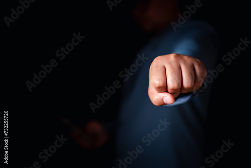 Businessman showing fists forward, Fist bump collide agreement of businessman, show strength teamwork, handshake negotiations finish together after good deal.