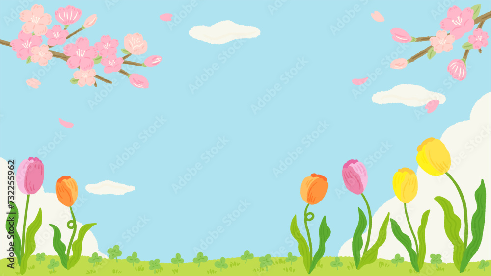 Sakura and tulip background frame inspired by spring, stylish hand ...
