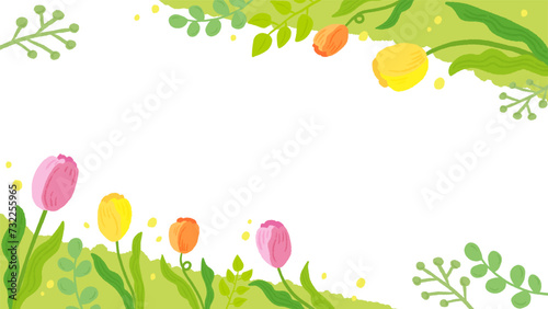 Spring-inspired tulip background frame, stylish hand-drawn illustration / 春をイメージしたチューリップの背景フレーム、おしゃれな手描きイラスト