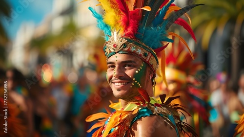 Vibrant carnival dancer smiling in a colorful feather costume. street festival spirit captured. perfect for cultural themes. AI