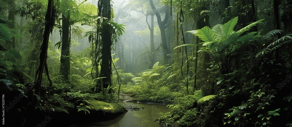 Naklejka premium View of the green and cool Asian tropical rainforest