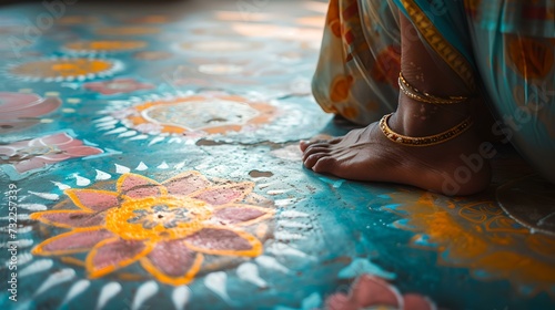 Colorful traditional floor art and a woman's adorned feet. vibrant cultural expression, ethnic style. close-up of handcrafted detail. AI