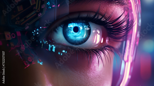 Close-up of human eye with futuristic cybernetic implant, glowing with digital overlays and neon lights