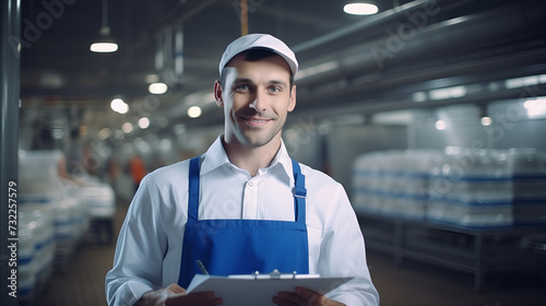 Positive smiling technologist holding checklist in food industry factory photo